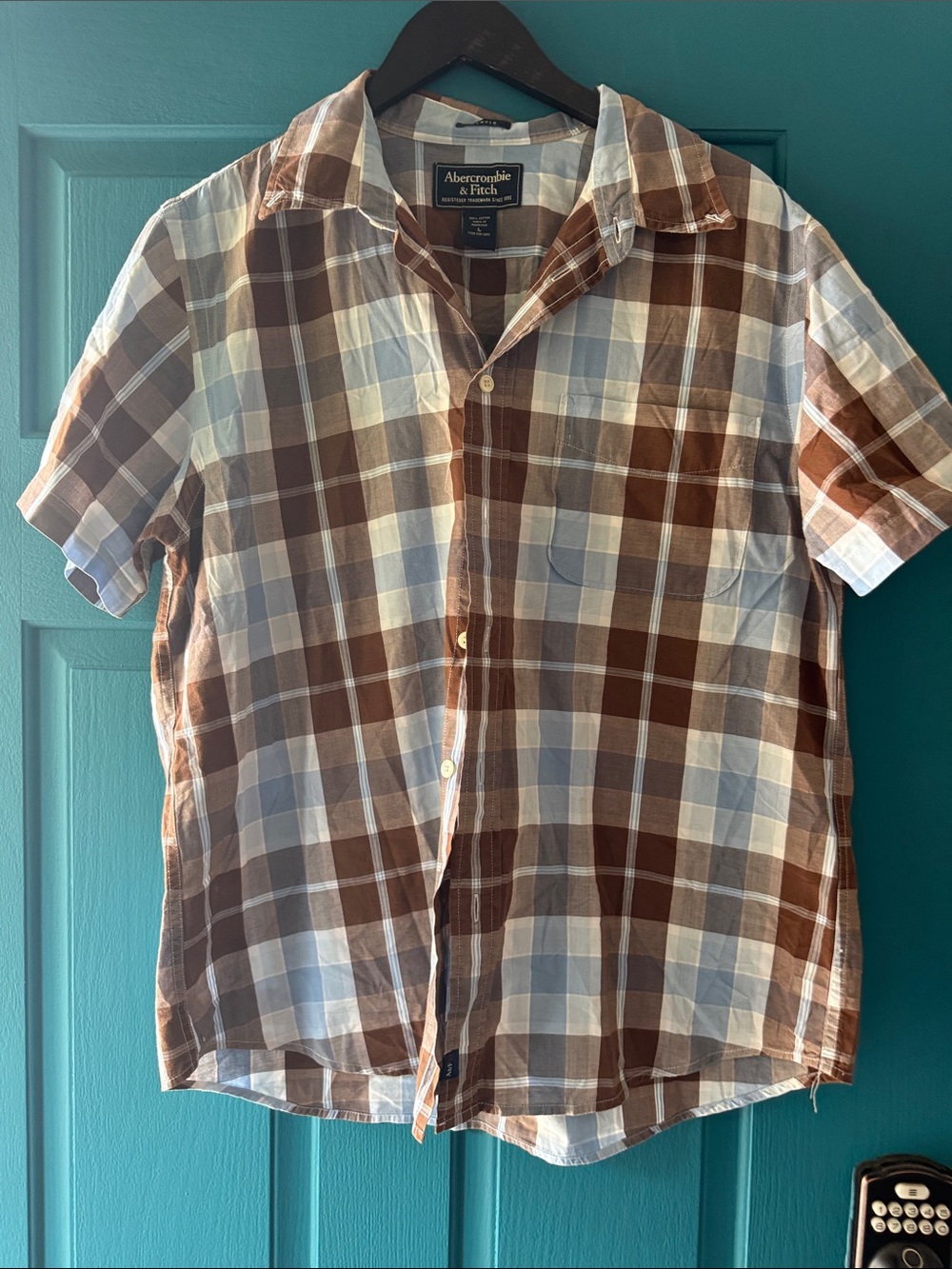 Abercrombie & Fitch Brown and Cream Plaid Short Sleeve Button-Down Shirt